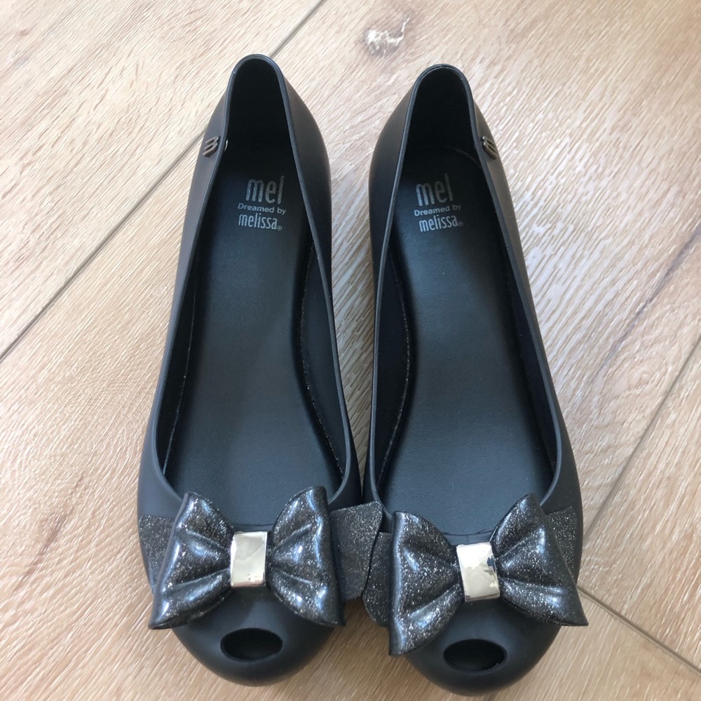 Mel by Melissa Black Jelly Flats with Glitter Bow Accent 3